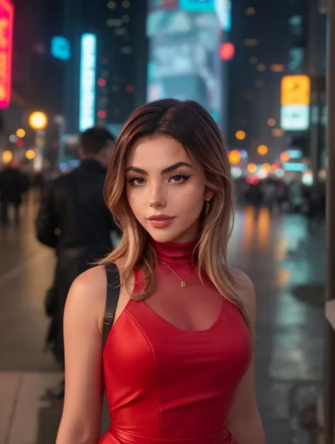 AndreaBotez2023, 1girl,smiling, photorealistic, 8k, uhd, best quality, raw image, masterpiece, depth of field, elegant long red dress, turtleneck, blonde streaked hair, ankle length dress, brown hair, cyberpunk city, vibrant colors, sci-fi fantasy,, cinematic lighting