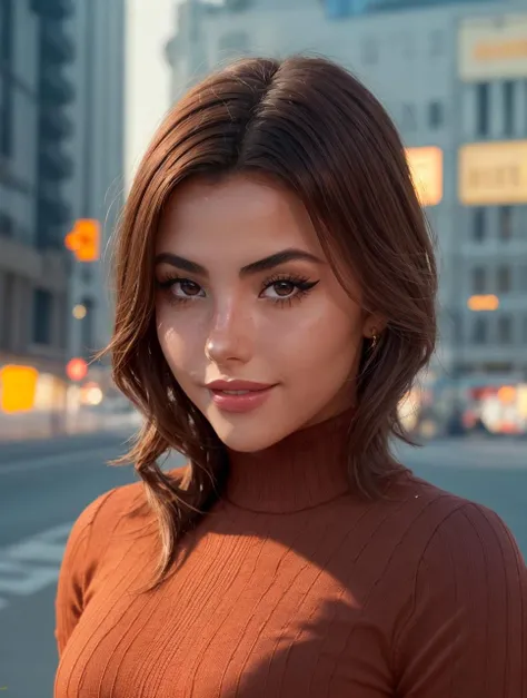 AndreaBotez2023, closeup, cute smile, detailed skin, skin pores, focus on eyes, detailed eyes, brown eyes, 1girl, smiling, photorealistic, 8k, uhd, best quality, raw image, masterpiece, depth of field, turtleneck, brown hair, fantasy city, vibrant colors, epic fantasy, suit of armor, hyper realistic,, cinematic lighting