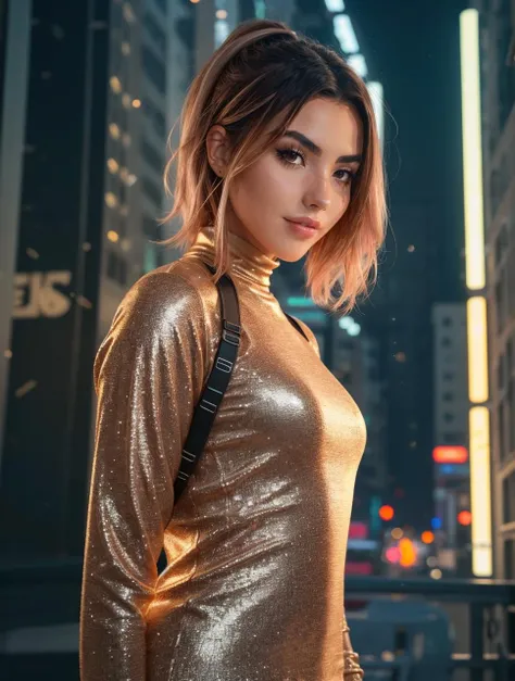 AndreaBotez2023, closeup, focus on eyes, detailed eyes, brown eyes,  1girl, smiling, photorealistic, 8k, uhd, best quality, raw image, masterpiece, depth of field, elegant long red dress, turtleneck, blonde streaked hair, ankle length dress, brown hair, cyberpunk city, vibrant colors, sci-fi fantasy, cinematic lighting