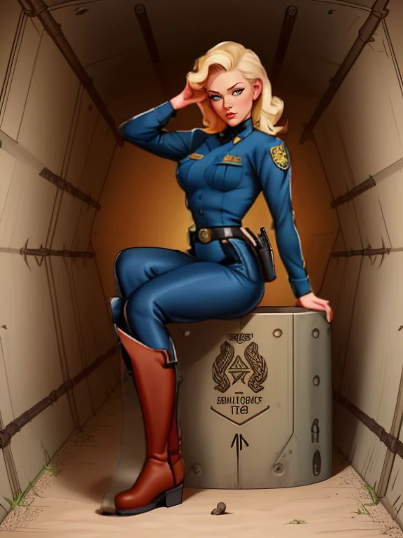 ((SFW)), Pinup Art by Gil_Elvgren and Haddon_Sundblom, 
[ Nicky Whelan | Marley Shelton ],  officer-style tunic, jodhpurs, and tall riding boots , bunker ,
 <lora:CokeGirls:1>