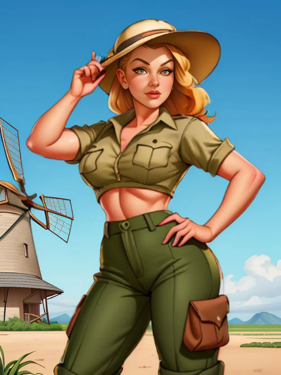 ((SFW)), Pinup Art by Gil_Elvgren and Haddon_Sundblom, 
[ Heather Morris | Gina Carano ],  pith helmet, khaki shirt, and high-waisted trousers , windmill ,
 <lora:CokeGirls:1>