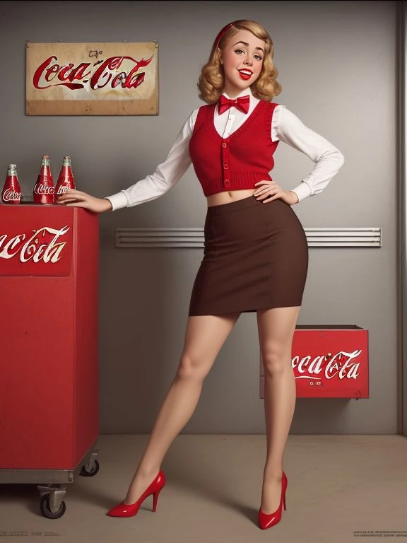 ((NSFW)), Coca Cola Advertisement, Pinup Art by Gil_Elvgren and Haddon_Sundblom, 
[ Iliza Shlesinger |Kiernan Shipka] , sweater vest, pencil skirt, and mary jane pumps , storage room ,
 <lora:CokeGirls:1>