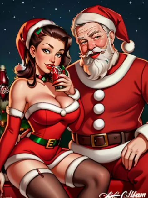 ((SFW)), Couple's Portrait, Pinup Art by Gil_Elvgren and Haddon_Sundblom, 
Christmas Theme, Santa Claus sitting with a beautiful Coca Cola Pinup Model, 
 <lora:CokeGirls:1>