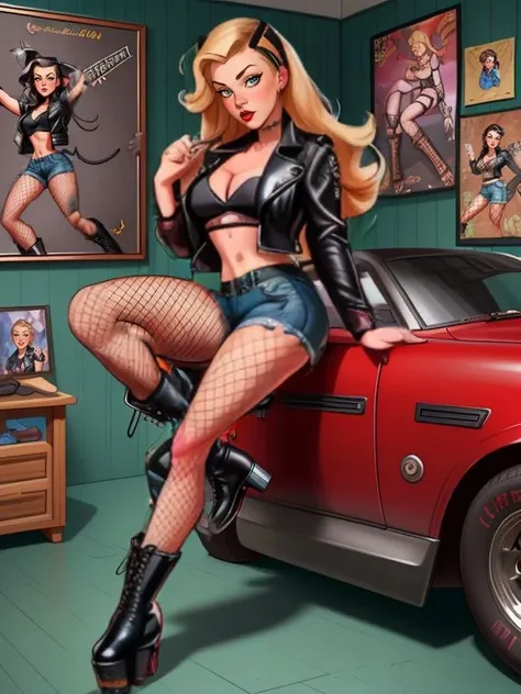 ((SFW)), Pinup Art by Gil_Elvgren and Haddon_Sundblom, 
[ Stella Maeve | Deanna Russo ],  black leather jacket, fishnet shirt, ripped jeans, and platform boots , otaku room ,
 <lora:CokeGirls:1>