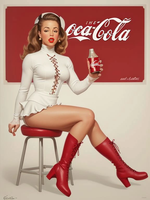 ((NSFW)), Coca Cola Advertisement, Pinup Art by Gil_Elvgren and Haddon_Sundblom, 
[ Kelly Preston |Miesha Tate] , midi dress in a pastel hue, layered over a white turtleneck or blouse, with a pair of lace-up boots or flats , market ,
 <lora:CokeGirls:1>