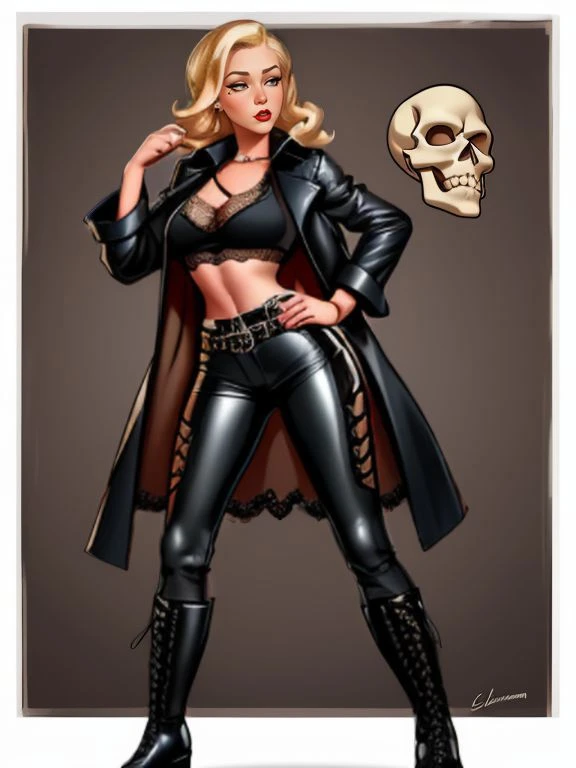 ((SFW)), Pinup Art by Gil_Elvgren and Haddon_Sundblom, 
[ Cherie Deville | Doja Cat ],  long black trench coat, skull-print t-shirt, leather pants, and lace-up boots , war ,
 <lora:CokeGirls:1>