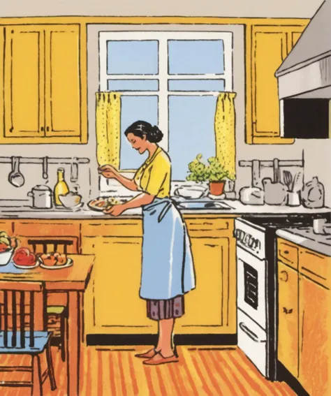 <lora:Rider_Waite_Tarot:1>  cartoon ,   A highly detailed mother in her kitchen preparing meal, window sunny day, happy, smiling,