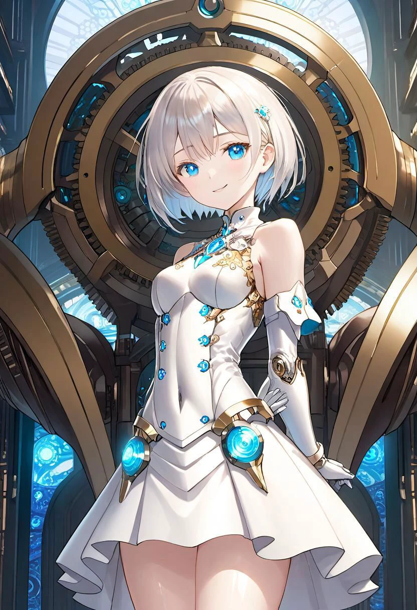 delicate manga style, cool beauty, 1woman, 20 years old, indoor,small room, a clockwork of gears filling all the walls of the room, wide shot, clear blue eyes, cybernetic gynoid, extremely detailed mech suit, white gothic cuirass, silver short hair, white gorgeous wizard's dress skirt, Decorative embroidery, smile, closed mouth, anime, SimpleNegative_AnimeV1