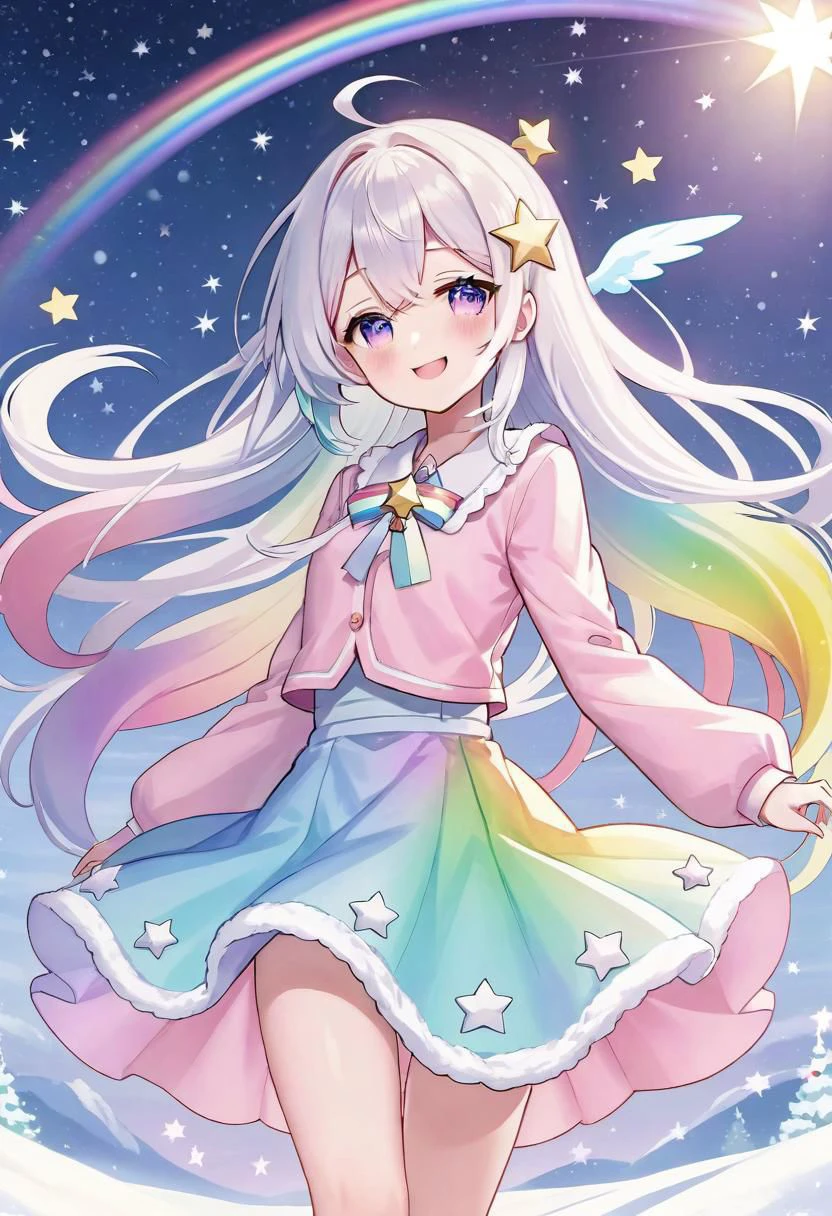 (cute twinkle star background:1.3), light colors, 1girl, with white hair pastel rainbow, sparkles, pastel eyes, long hair, wavy hair, blend with twinkle star, smiling, happy, short dress, rainbow, cute girl, hands in chest, winter, snowing, fullbody, angel wings, light sky, anime, SimpleNegative_AnimeV1