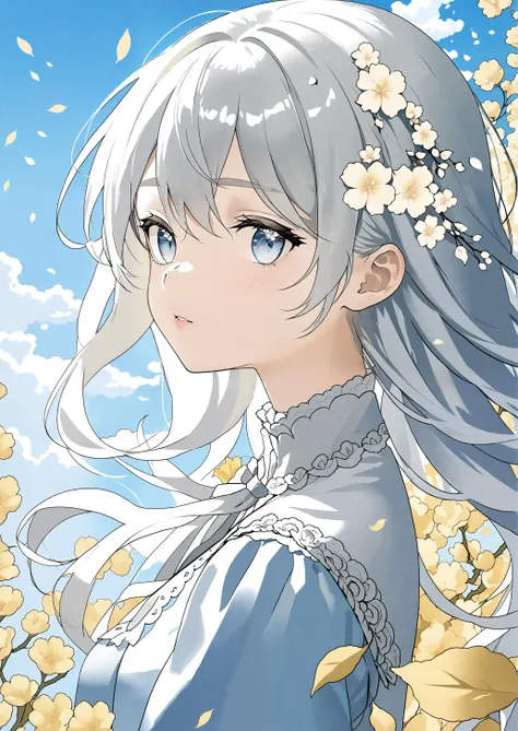 super fine illustration,masterpiece, best quality,{beautiful detailed eyes},1girl,finely detail,Depth of field, 4k wallpaper,bluesky,cumulus,wind,insanely detailed frills,extremely detailed lace,BLUE SKY,very long hair,Slightly open mouth,high ponytail,silver hair,small Breasts,cumulonimbus capillatus,slender waist,There are many scattered luminous petals,Hidden in the light yellow flowers,Depth of field,She bowed her head in frustration,Many flying drops of water,Upper body exposed,Many scattered leaves,branch ,angle ,contour deepening,cinematic angle ,{{{Classic decorative border}}}