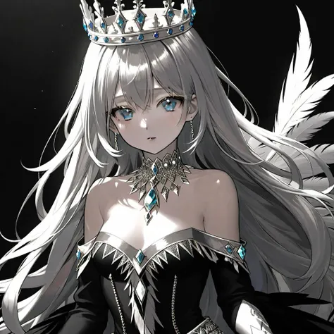 (((masterpiece))), best quality,  illustration, (beautiful detailed girl),  a girl , solo, bare shoulders, flat_chst, diamond and glaring eyes, beautiful detailed cold face, very long blue and sliver hair, floaing black feathers, wavy hair, black and white sleeves, gold and sliver fringes, a (blackhole) behind the girl, a silver triple crown inlaid with obsidian, (sit) on the black ((throne)),  (depth) of (field),