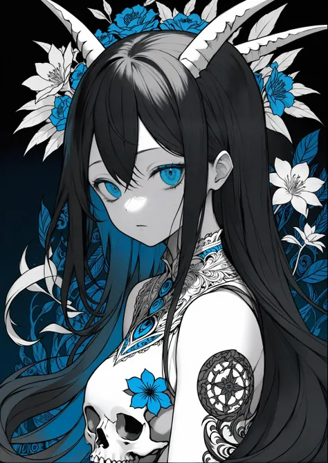 (official art,unity 8k wallpaper,ultra detailed,High quality,best quality), (zentangle, mandala, tangle, entangle:0.6),(blue black),flat color,limited palette,low contrast,(1girl:1.5),solo,serafuku,long straight black hair,lycoris flower,(goat skull:1.),(horror),(gloomy),(blue pigment:1.33),(hollow eyes:1.),(expressionless eyes:1.3),cowboy shot,