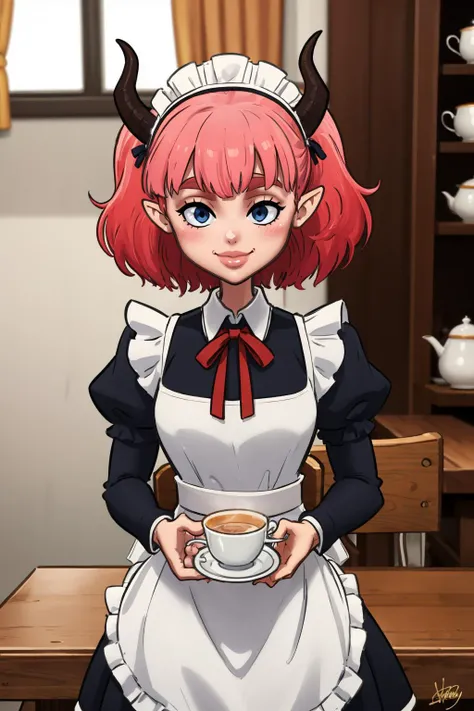 (masterpiece, best quality:1.2),  <lora:demondeals:1>, demondeals, window, short over long sleeves, apron, solo, white apron, layered sleeves, dress, puffy sleeves, smile, black dress, long sleeves, chair, frills, maid, frilled apron, closed mouth, curtains, bangs, blue hair, indoors, teapot, maid headdress, multicolored hair, blush, hair between eyes, blue eyes, pink hair, food, table, collared dress, maid apron, horns, tiered tray, short sleeves, juliet sleeves, 1girl, red ribbon, enmaided, gradient hair, on chair, signature, teacup, puffy short sleeves, neck ribbon, thick eyebrows, cup, holding, cookie, day, frilled dress, ribbon, pointy ears, animal ears