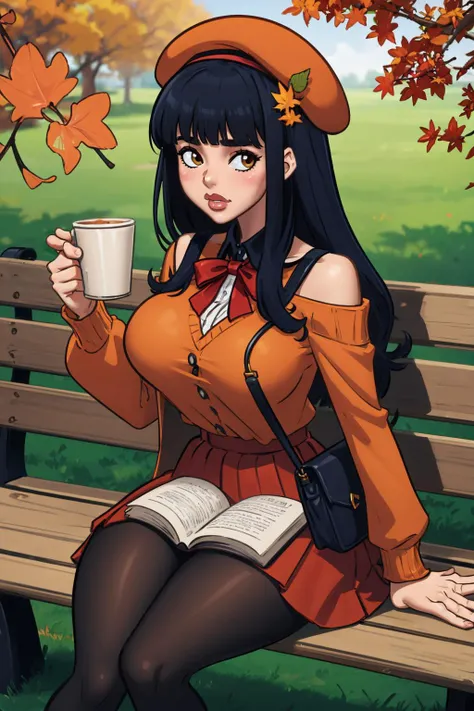 (masterpiece, best quality:1.2),  <lora:demondeals:1>, demondeals, 1girl, solo, beret, hat, breasts, book, bench, skirt, pantyhose, disposable cup, x hair ornament, shirt, sitting, coffee cup, holding, looking at viewer, long hair, bangs, bag, leaf, long sleeves, cup, hair ornament, blue hair, blush, on bench, red skirt, ribbon, ginkgo leaf, shoulder bag, red headwear, closed mouth, yellow eyes, park bench, autumn leaves, open book, hair ribbon, brown headwear, outdoors, strap between breasts, holding leaf, large breasts, handbag, black shirt, hand up