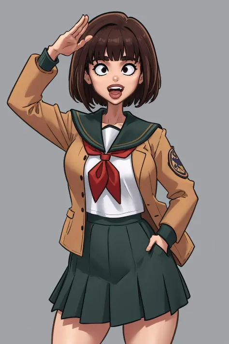 (masterpiece, best quality:1.2),  <lora:demondeals:1>, demondeals, 1girl, solo, brown hair, skirt, school uniform, ooarai school uniform, brown eyes, short hair, camouflage, open mouth, white background, serafuku, pleated skirt, green skirt, looking at viewer, smile, neckerchief, simple background, jacket, salute, long sleeves, shirt, bangs, miniskirt, white shirt, hand in pocket, black neckerchief, open clothes