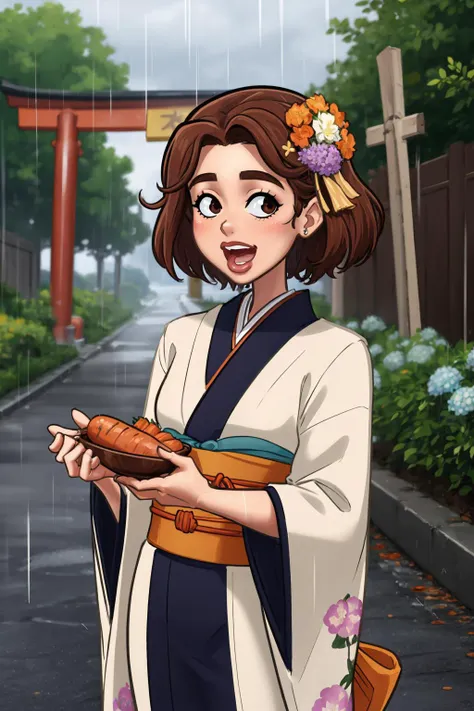 (masterpiece, best quality:1.2),  <lora:demondeals:1>, demondeals, 1girl, japanese clothes, solo, kimono, food-themed hair ornament, rain, hair ornament, carrot hair ornament, looking at viewer, blush, open mouth, brown eyes, brown hair, smile, obi, sash, outdoors, torii, holding, flower, short hair, hydrangea