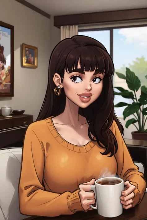 (masterpiece, best quality:1.2),  <lora:demondeals:1>, demondeals, 1girl, cup, solo, holding, jewelry, brown hair, earrings, coffee, steam, holding cup, looking at viewer, collarbone, sweater, indoors, brown eyes, bangs, stud earrings, plant, mug, white sweater, parted lips, upper body, couch, long hair, signature, long sleeves, smile