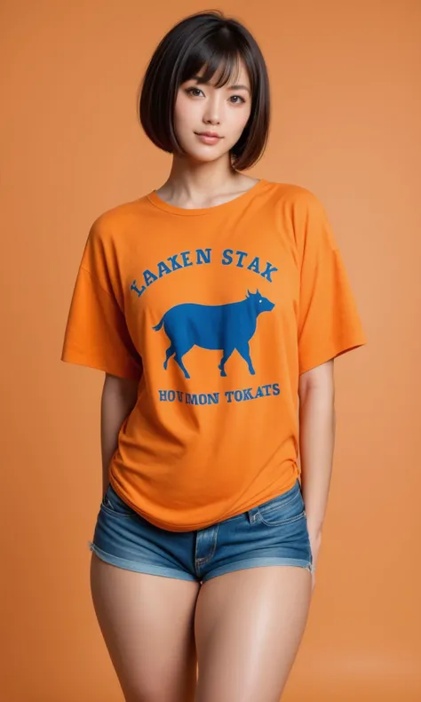 score_9, score_8_up, japanese, oversized t-shirt, denim hot pants, bob cut, thick thighs, orange background, (realistic:1.4), (realistic skin:1.4), (fine textures details), (sharp)