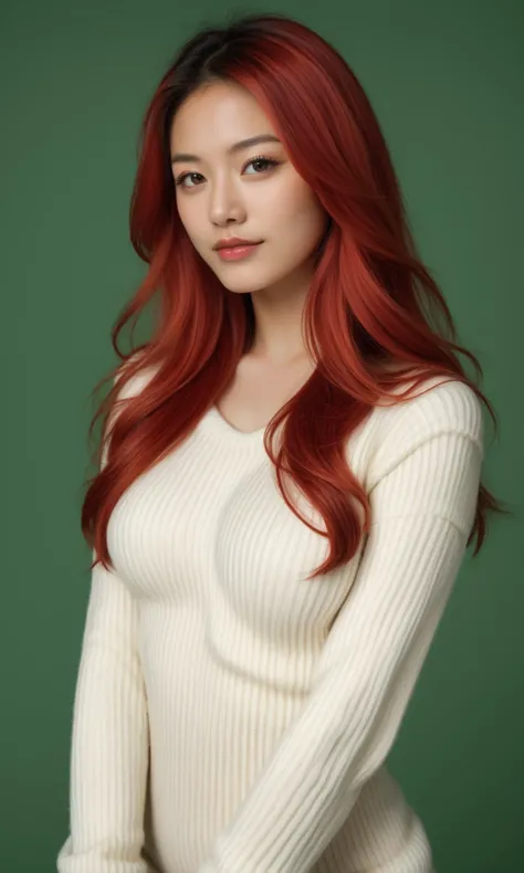 score_9, score_8_up, (realistic:1.4), (fine textures details), (realistic skin:1.4), (sharp), japanese, white knitted sweater, large sweater, medium breasts, bright red hair, long hair, fascinating, dark green background
