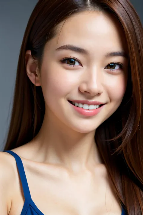 hyper realistic, masterpiece, best quality, ultra detailed, photorealistic, 1girl, smile, (simple background:1.1)
