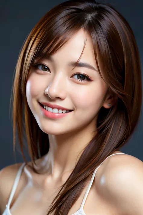 hyper realistic, masterpiece, best quality, ultra detailed, photorealistic, 1girl, smile, (simple background:1.1)