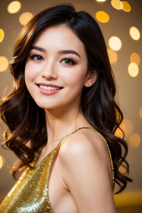 (happy new year:1.3), hyper realistic, masterpiece, best quality, photorealistic, 1girl, sexy, sequins, slit dress, light smile, makeup, gorgeous hairstyle, (simple background:1.1)