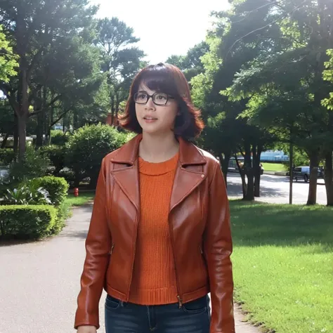 <lora:Velma_train2:0.85> velma, wearing a leather jacket and jeans, outdoors, in a park