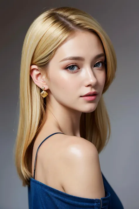hyper realistic, masterpiece, best quality, ultra detailed, photorealistic, 1girl, sexy, light blonde hair, sideswept hair, earring, makeup, (simple background:1.1)