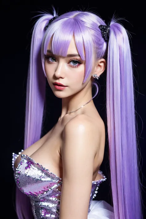 nsfw, hyper realistic, masterpiece, best quality, ultra detailed, photorealistic, 1girl, sexy, gothic gorgeous dress, sequins, white purple hair, curl hair, twin tails, black background