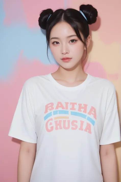 score_9, score_8_up, score_7_up, realistic, beautiful girl, japanese, two buns, white T-shirt, black hair, pastel colorful background