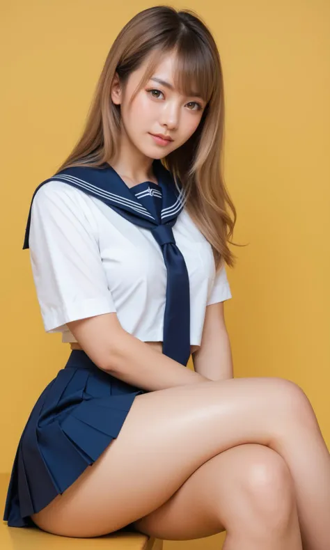 score_9, score_8_up, (realistic:1.4), (fine textures details), (realistic skin:1.4), (sharp), japanese, adult, school uniform, thick thighs, medium breasts, light brown hair, bangs, sitting with legs crossed, yellow background