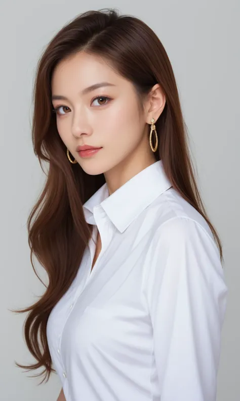 score_9, score_8_up, realistic, japanese, long hair, side swept hair, white collared shirt, earrings, simple background