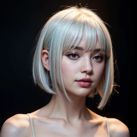 hyper realistic, masterpiece, best quality, ultra detailed, photorealistic, 1girl, white gold hair, bob cut, makeup, black background, <lora:picxer_real:0.8>, <lora:more_details:0.6>
