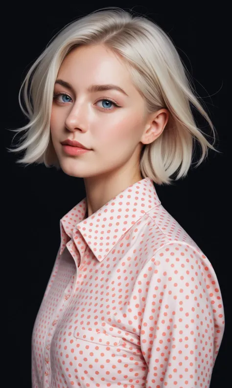 score_9, score_8_up, collared shirt, pastel colorful polka dot pattern, black trousers, very short hair, platinum blonde hair, black background, (realistic:1.4), (realistic skin:1.4), (fine textures details), (sharp)