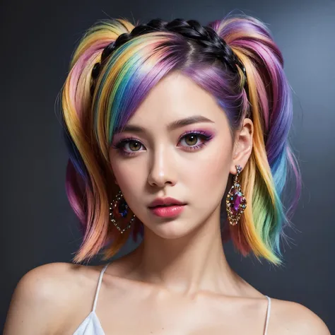 hyper realistic, masterpiece, best quality, ultra detailed, photorealistic, 1girl, unusual hairstyle, pastel colour, rainbow color hair, bright colors, (makeup:1.2), earrings, black background, <lora:picxer_real:0.4>, <lora:more_details:0.3>