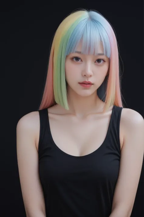 score_9, score_8_up, score_7_up, realistic, long hime cut, beautiful, japanese, pastel rainbow hair, front view, standing, black tank top, black background