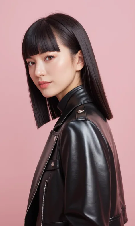 score_9, score_8_up, japanese, hime cut, black leather jacket, pink background, (realistic), (realistic skin), (fine textures details), (sharp)