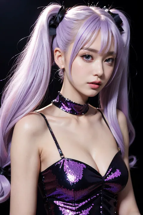 nsfw, hyper realistic, masterpiece, best quality, ultra detailed, photorealistic, 1girl, sexy, gothic gorgeous dress, sequins, white purple hair, curl hair, twin tails, black background