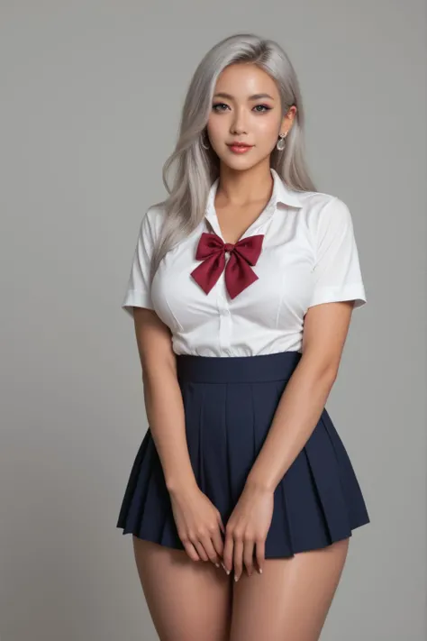 score_9, score_8_up, score_7_up, realistic, beautiful, school uniform, jk, japanese, realistic skin, tanned skin, long hair, bright silver hair, earring, (makeup:1.3), big breasts, (smile:0.5), thighs, photograph, realistic lighting, (hdr:0.7), simple background