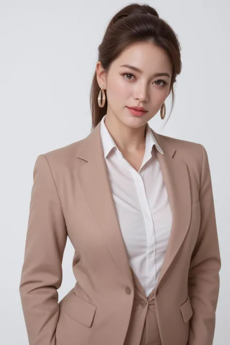 score_9, score_8_up, score_7_up, realistic, beautiful, business women, suit, ponytail, earrings, view the viewer, pastel white background
