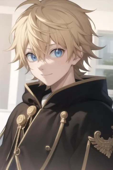 masterpiece, best quality, high quality, 1boy, solo, male focus, looking at viewer, upper body, <lora:luck_voltia:0.80>, luck_voltia, blonde hair, blue eyes, hair between eyes,