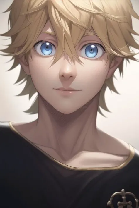 masterpiece, best quality, high quality, 1boy, solo, male focus, looking at viewer, upper body, <lora:luck_voltia:0.74>, luck_voltia, blonde hair, blue eyes, hair between eyes, realistic