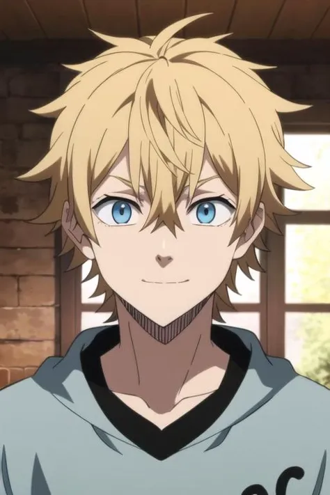 masterpiece, best quality, high quality, 1boy, solo, male focus, looking at viewer, upper body, <lora:luck_voltia:0.70>, luck_voltia, blonde hair, blue eyes, hair between eyes,