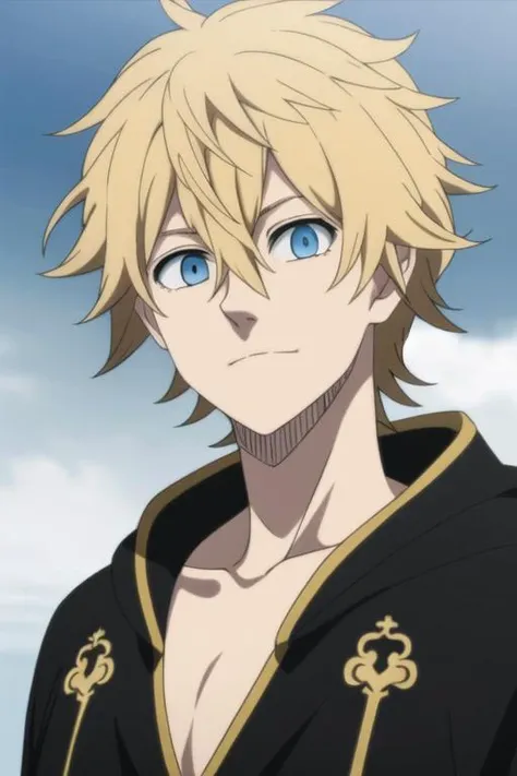 masterpiece, best quality, high quality, 1boy, solo, male focus, looking at viewer, upper body, <lora:luck_voltia:0.82>, luck_voltia, blonde hair, blue eyes, hair between eyes, realistic