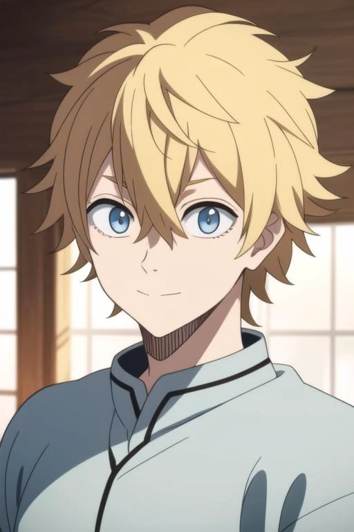 masterpiece, best quality, high quality, 1boy, solo, male focus, looking at viewer, upper body, <lora:luck_voltia:0.70>, luck_voltia, blonde hair, blue eyes, hair between eyes,