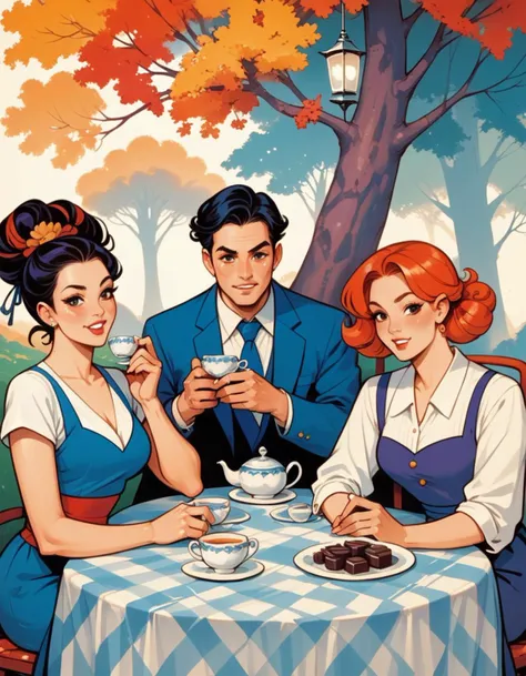 score_9, score_8_up, score_7_up, score_6_up, score_5_up, score_4_up, Three women sat around the table having a tea party, with gourmet chocolates on the table and two male attendants beside them, hasselblad photoshoot.g, hud_shera_bk_styl, <lora:shera-000007:1>,