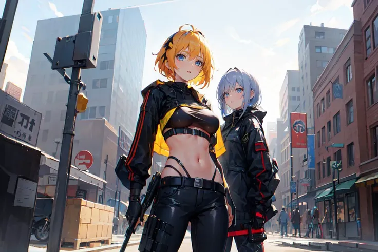 (finely detailed beautiful eyes and detailed face,masterpiece sidelighting,masterpiece,best quality,detailed,high resolution illustration),
(urban techwear, cybernetic background, sunny city,mechanic,robot)
(1girl,whole body,bishoujo,lustrous skin,looking down,looking at viewer),
(rogue,assasin,robe,knife,yellow hair,short hair,blue eyes,pants,underboob)
