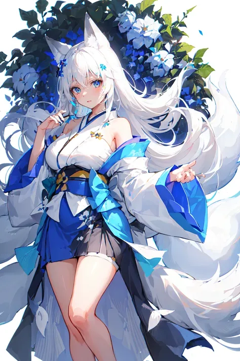 (finely detailed beautiful eyes and detailed face,masterpiece sidelighting,masterpiece,best quality,detailed,high resolution illustration),
(1girl,whole body,bishoujo,lustrous skin,looking down,looking at viewer),
(white_background:2.0),
(white hair, layered_kimono,kimono_pull,layered_kimono,large breasts, off shoulder,long hair,blue eyes:1.5),(white fox ear,white fox tail:1.5),blue flower,