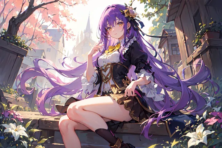 (finely detailed beautiful eyes and detailed face,masterpiece sidelighting,masterpiece,best quality,detailed,high resolution illustration),
(magician cloth, fantasy background, village,tree,woods),
(1girl,whole body,bishoujo,lustrous skin,looking down,looking at viewer),
(Purple hair,yellow eyes,short skirt,ribbon)