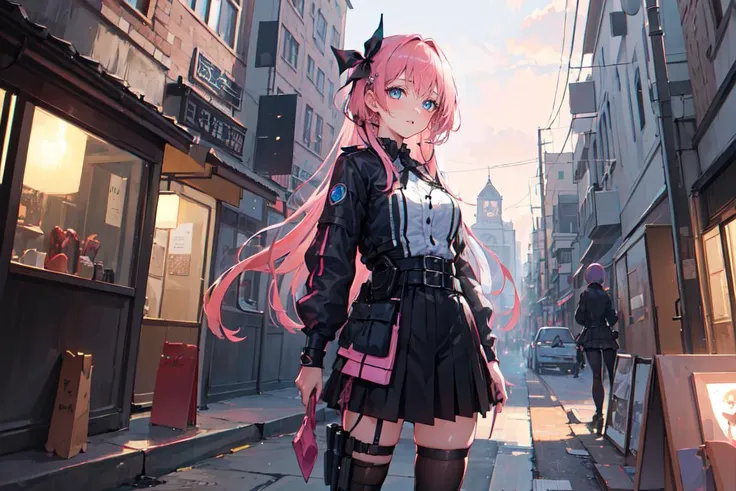 (finely detailed beautiful eyes and detailed face,masterpiece sidelighting,masterpiece,best quality,detailed,high resolution illustration),
(urban techwear, fantasy background, village),
(1girl,whole body,bishoujo,lustrous skin,looking down,looking at viewer),
(pink hair,blue eyes,short skirt,ribbon,button shirt)